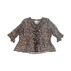 Vintage Tess Women’s 100% Silk Floral Black Red Sz 12 Ruffle Sheer Button‎ Up